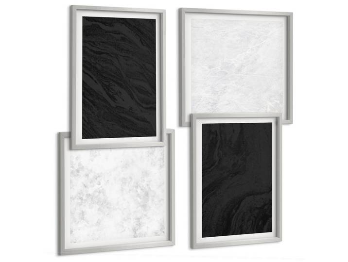 BILDER SET 4er Set - 50x50 cm & 40x60 cm Silberner Rahmen - Dunkles Licht, glamouröse Marmor