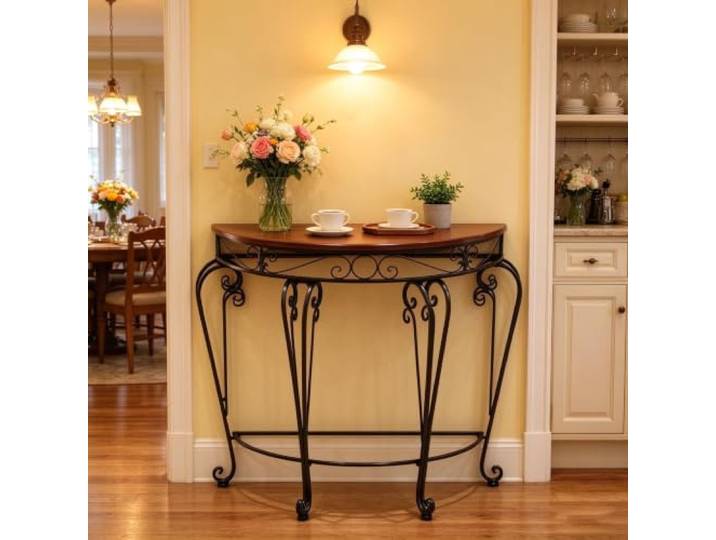 Moderner Halbmond Akzenttisch Flur Konsole Kleine Halbrunde Sofatisch Für Schlafzimmer Wohnzimmer Flur Eingang Schickes Metallgestell Möbel(Wood,90cm/35.4in)
