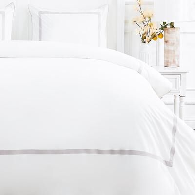Melange Home Cotton Percale Hotel Border Piping Grey Duvet Cover Set