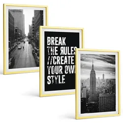BILDER SET 3er Set - 40x60 cm Goldrahmen - Inspiration für Schwarz-Weiß-Darstellungen von Stadtstraßen