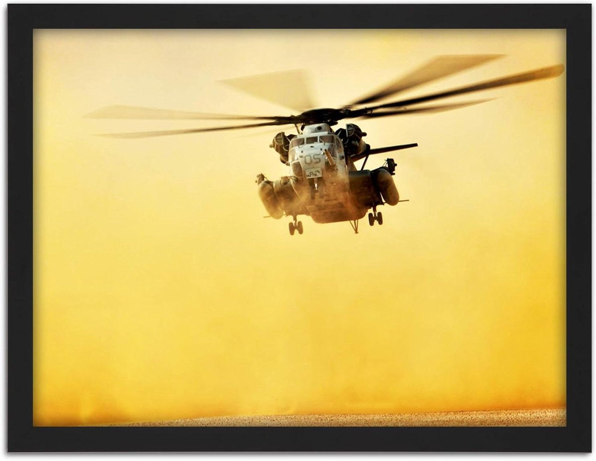 Helikopter Wanddecoratie - Militaire Muurprint - Handgemaakt Ingelijst - 51 x 66 cm - Zwart