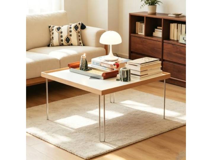 Couchtisch mit Massivholzplatte, Edelstahlgestell in leuchtender Farbe Moderner luxuriöser Couchtisch,flacher Dekortisch im minimalistischen Stil für Wohnzimmer(White)