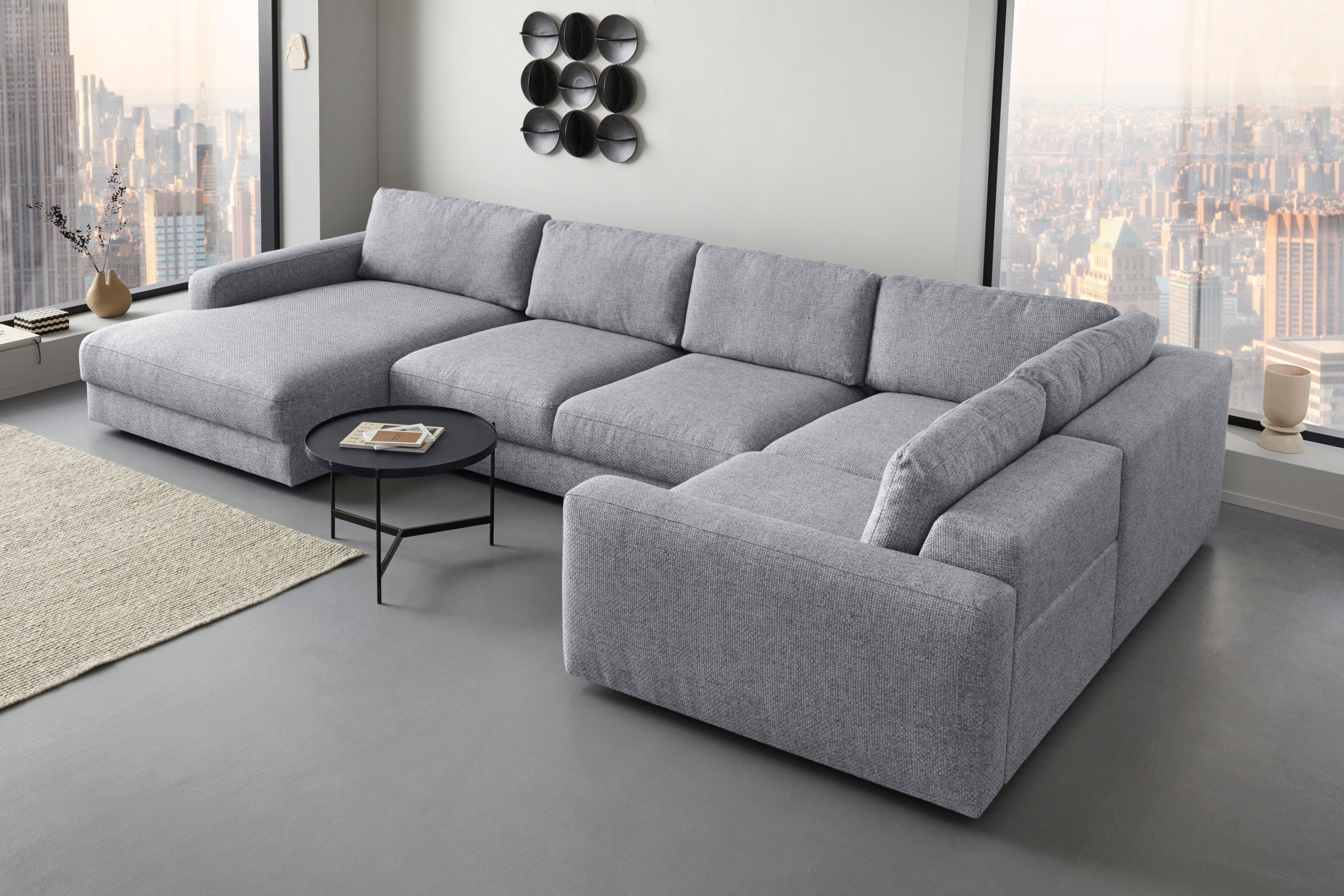 Wohnlandschaft HOME AFFAIRE "Bloomfield, Mega Polsterprogramm, Breite 405cm, viel Platz, U-Form", grau (antarctica), B:405cm H:84cm T:224cm, 100% Polyester, Sofas, Wohnlandschaft, mit extra tiefer Sitzfläche, wahlweise mit Sitztiefenverstellung antarctica