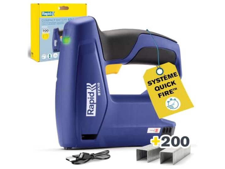 Rapid BTX10 - Agrafeuse Électrique Sans Fil - Pour Agrafes n°53 Pour Agrafes n°53 (4-10 mm) - Ergonomique - Front plat - Batterie Longue Durée 900 Agrafages - Boîte carton (5001497)