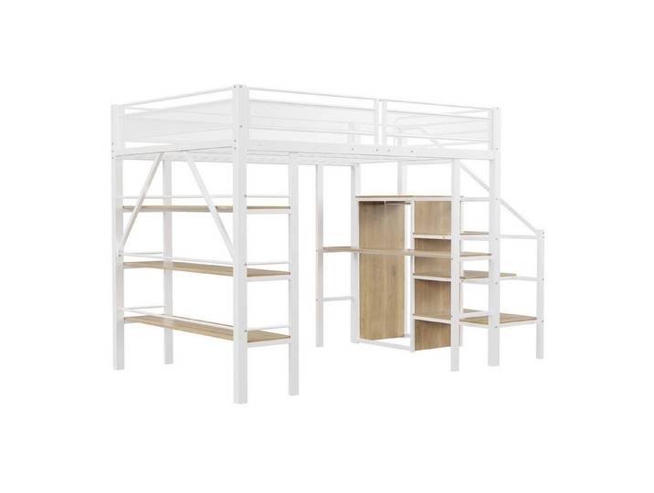MC Star Hochbett 140*200cm, dreilagiges Ablageregal, Schreibtisch, Kleiderschrank (Sicherheitsstufen mit Ablagefach, hohes Zaundesign, Eisenbett, Einzelbett, Weiß)