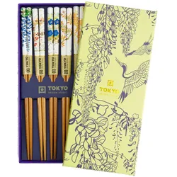 Tokyo Design Essstäbchen Blumenmotiven – 5er Set – natur