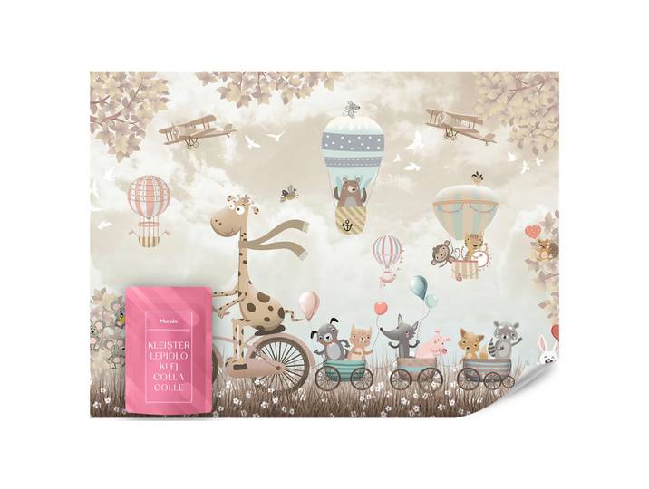 Muralo Fototapete Tiere auf Fahrrädern Luftballons Flugzeuge Pflanzen 350x256, Braun, Beige, Grau, Rosa, Blau, Papier, Tiere, Märchen/ Fantasie, Rechteckig, 350x256 cm, Tapeten & Wandverkleidungen, Fototapeten