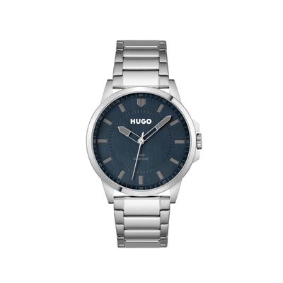 Quarzuhr HUGO "FIRST", silber (silberfarben, dunkelblau), Armbanduhren, Herren, Quarzuhr, Armbanduhr, Herrenuhr, Mineralglas, Edelstahlarmband