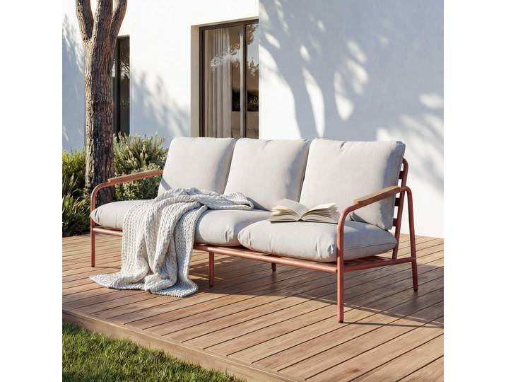 Aluminium-Gartenbank HWC-O11, Outdoor 3-Sitzer Sitzbank Sofa, Olefin Stoff (205 g/m²) 184cm terrakotta Polster beige