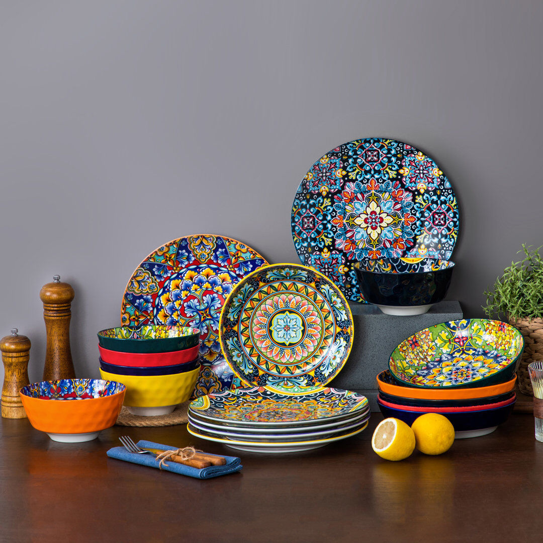 Vancasso 18 Pcs Porcelain Dinnerware Set, Dinner Plate, Soup Plate And Bowl Set For 6 Person, Multicolour Set, Ceramic Stamping, Bohemian Style, Dark Green, Gr Colorful 18