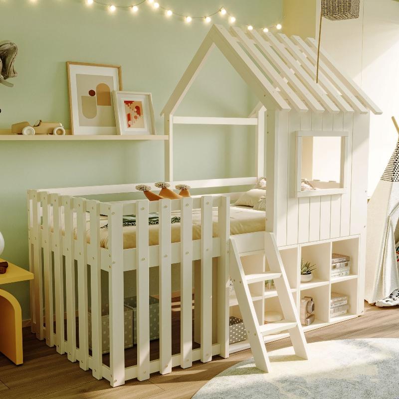 Kinderhochbett 90x200cm aus Massivholz in Weiß, Hausbett mit Dach und Fenster, offenem Stauraum und Kletterleiter für Kinderzimmer