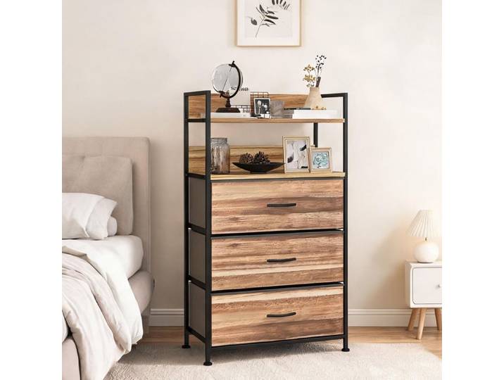 Commode colonne industrielle en MDF et métal 3 tiroirs en tissu 60x29x101 cm