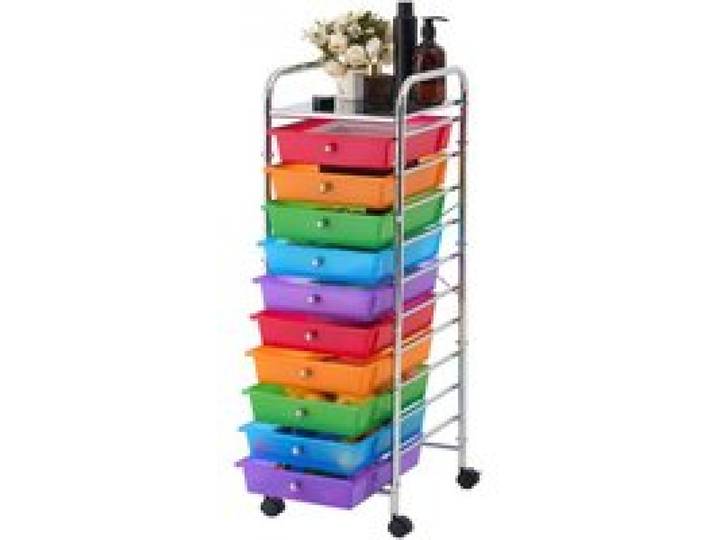 VEVOR Chariot de Rangement à 10 Tiroirs Multicolores en PP avec Roulettes, Cadre en Acier, pour Bureau, Loisirs Créatifs, Chambre, Salle de Bain et Studio, 4 Roulettes Pivotantes dont 2 avec Frein