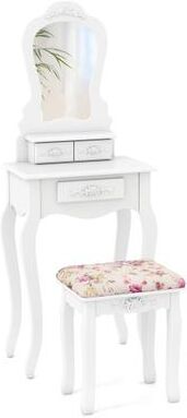 Costway Makeup Dressing Table and Bench 3 Drawers and Cushioned Stool for Girls-White
