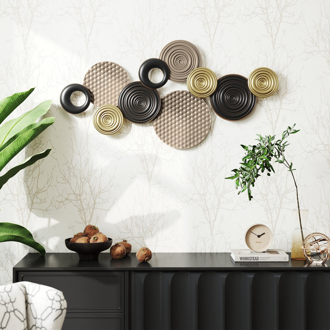 George Oliver HOMCOM 3D Metal Wall Art Modern Circle Hanging Home Decor Khaki Black Gold Black@@Gold 50cm H X 100cm W
