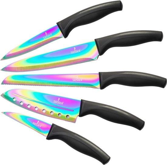 Unyqoos Professionele set keukenmessen met 5 messen, titaniumcoating en iriserende beschermkap