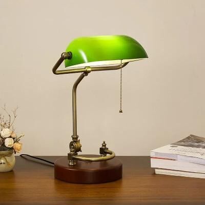 Uplifted Finds Classical Retro Vintage Metal Wood Banker Table Lamp E27 LED Green Glass Shade For Bedside Study Reading iron C2