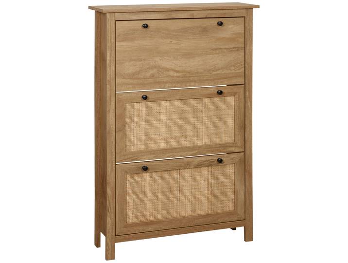 HOMCOM Meuble chaussure entrée, armoire à chaussures avec 3 tiroirs à portes abattants effet cannage rotin et étagère réglable,
