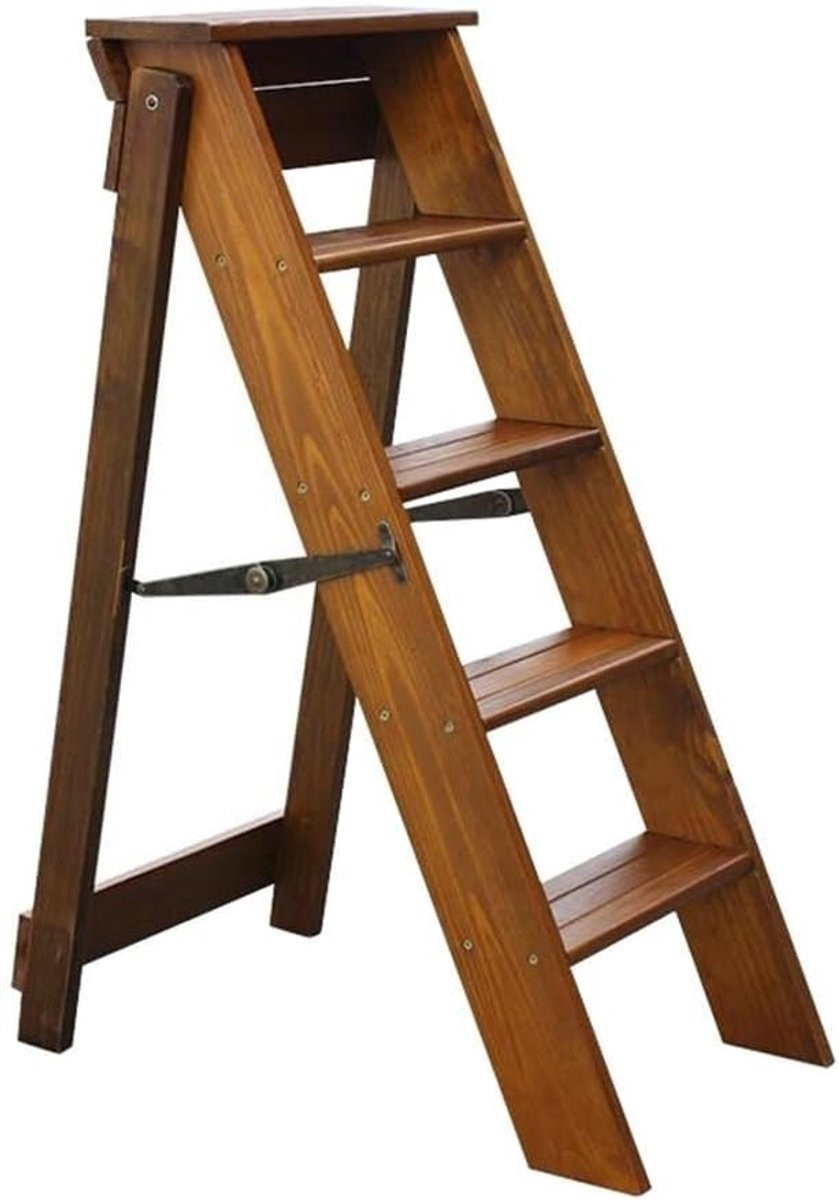 Houten vouwladder kruk met 5 treden in walnoot kleur voor huis en kantoor