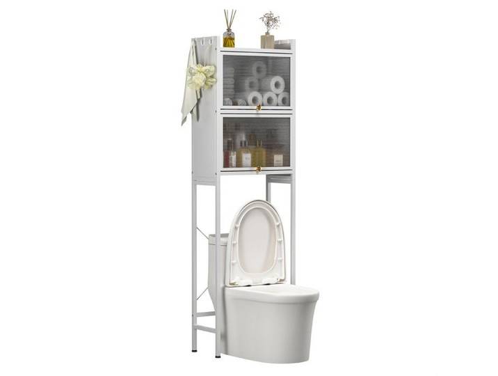 FLASIDU Meuble WC Dessus de Toilettes avec 3 Étagères pour Rangement Salle de Bain Noir Moderne 50x25x165cm 2 portes vitrées Blanc
