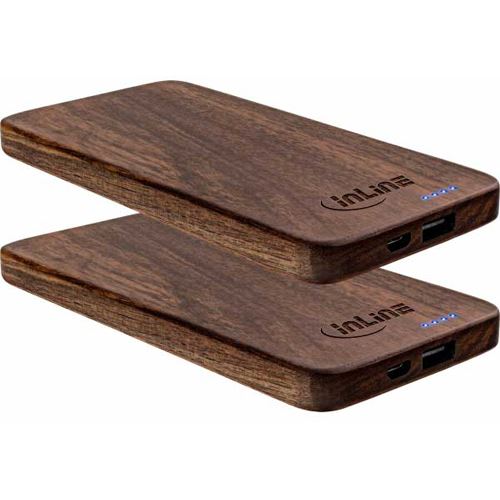 5.000 mAh InLine 2er woodplate, USB Powerbank mit LED Status Anzeige, Echtholz