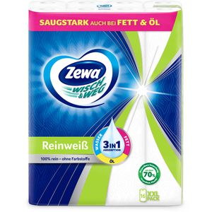 Zewa Küchenrolle Wisch&Weg, Reinweiß, ohne Farbstoffe, 2-lagig, 45 Blatt je Rolle, Zellstoff, saugstark & reißfest, 16 Rollen