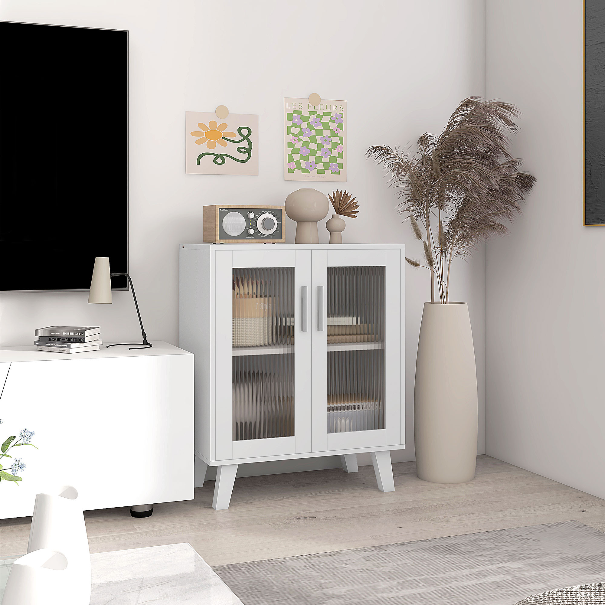 Homcom Credenza Moderna Multiuso con 2 Ante Trasparenti e 2 Ripiani, 61x35x75cm, Bianco Aosom