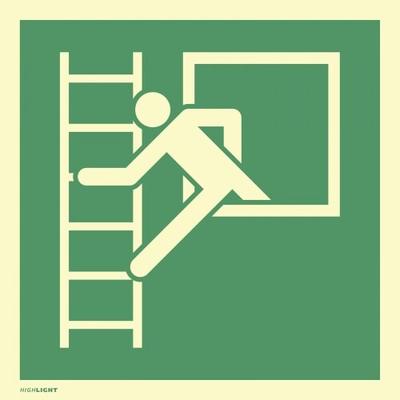 Aufkleber Notausstieg mit Fluchtleiter, ISO 7010, PVC-U selbstkl.,nachl.,160-mcd,200x200mm