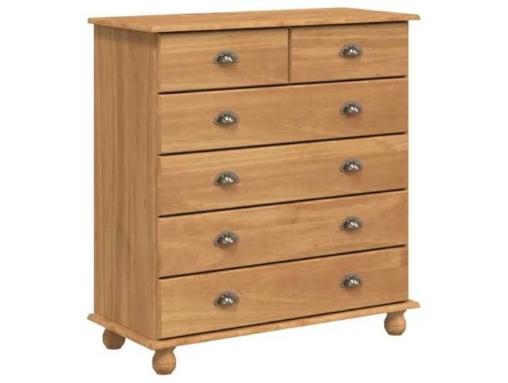 Foknhdi Schubladenkommode ASKIM Kiefernholz Massiv Braun 91x40x95,5 cm Massives Holzmöbel mit 6 Schubladen für Wohnbereich und Schlafzimmer. Bietet viel Stauraum und Struktur im Raum.