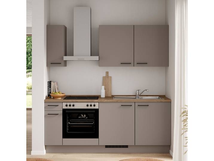 Küchenzeile Low-Line Senso Variante B 210cm Ausrichtung links Braun/Latte Macchiato Beko