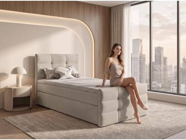 AX Living Boxspringbett Defne 90x200 Beige, Fußteil, inkl. Topper Bettkasten mit Gasdruckfedern, Bonell H2/H3 und Komfortschaum.