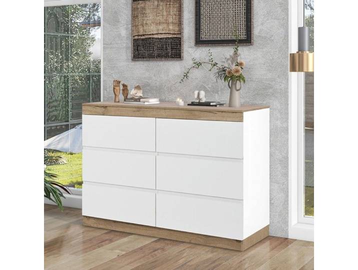 Armoire 6 Tiroirs Blanc Chêne-Agloméré E1 Sain-Rangement Pratique-Chambre Salon Organisation-Design Moderne