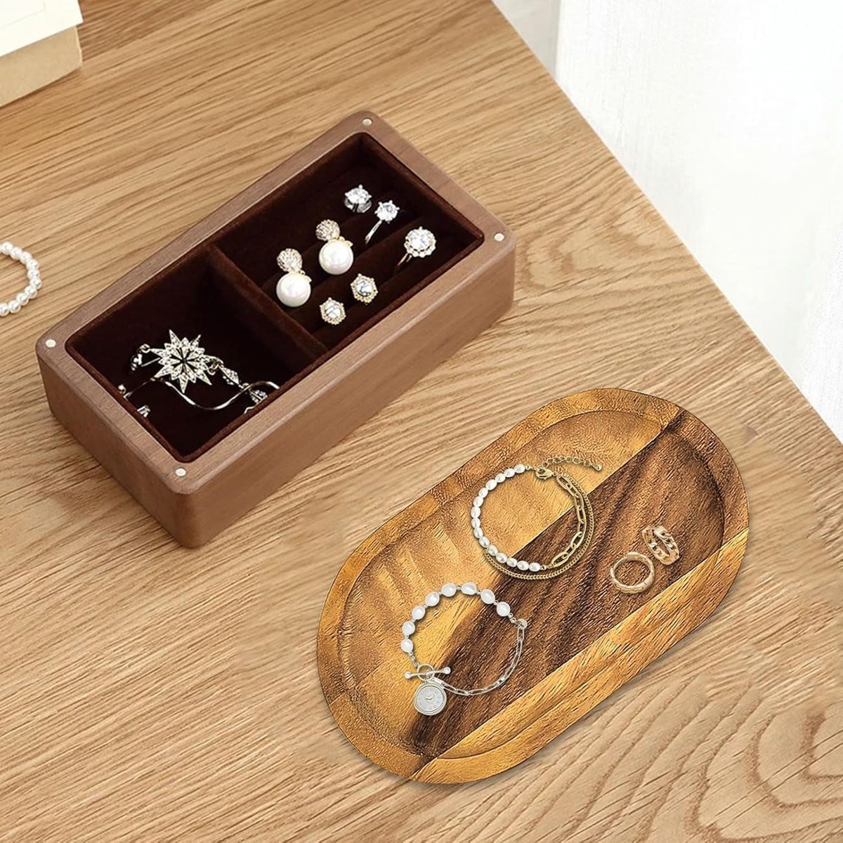 SnelShoppen Houten Tray Decoratie Klein - Natuurlijke Houten Kleur - Ideaal voor Makeup, Badkamer of Keuken