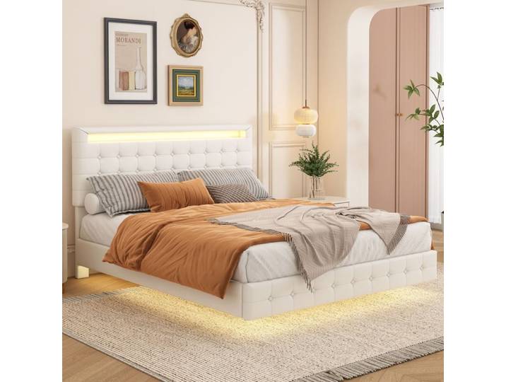 Lit flottant LED - 140x200 cm - Éclairage LED réglable - Design flottant - Matériau PU et MDF - Tête de lit réglable
