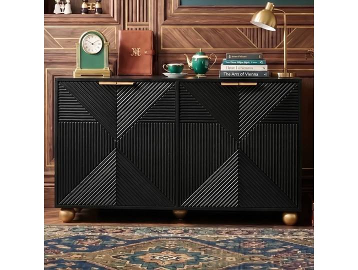 Buffet 120cm - 4 Portes Gravées & Étagères - Style Vintage Pieds Boules Dorés - MDF Noir