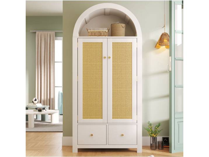 VUENOR Armoire penderie 181x78x45 cm blanc – rotin tressé 2 tiroirs