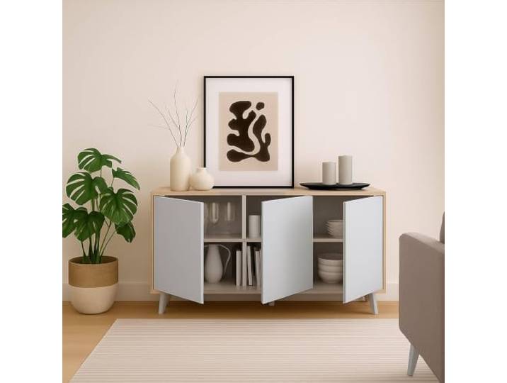 Dmora - Kommode Weddell, Wohnzimmerbuffet, Wohnzimmer-Sideboard, Moderne Küchen-Speisekammer, 154x40h72 cm, Eiche und Weiß
