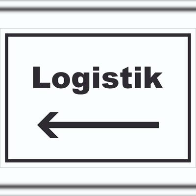 HB-Druck Logistik Schild mit Text und Richtungspfeil links Transport Versand waagerecht A2 Rückseite selbstklebend