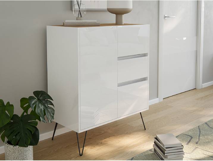 Commode Industrial 79 x 94cm Blanc/Blanc brillant/Imitiation chêne