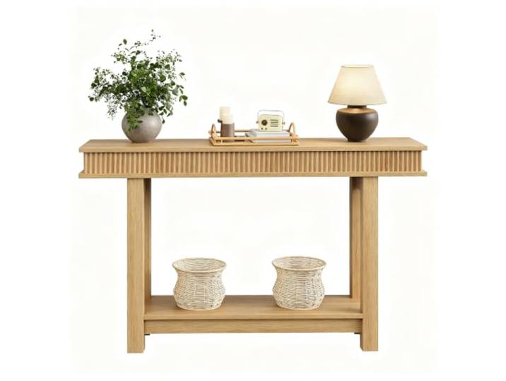 GarveeHome Konsolentisch Holz 2 Ebenen Rillenoptik Ablage Naturholz Schmale Form, Rechteckige Platte, Untere Ablage, Farmhouse-Optik