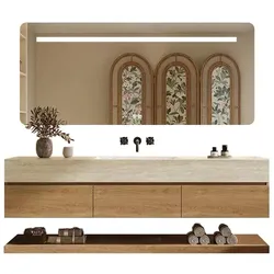 Wandhängendes Badmöbel-Set Travertin-Look mit Sinterstein Waschbecken Spiegel Unterschrank Ablage ohne Armaturloch 120×55 cm【RW9865-120 BKK】