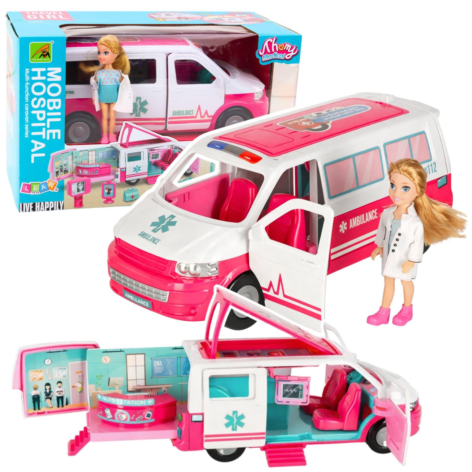 Lean Toys Mobiele ziekenhuisambulance 2in1 pop arts medische accessoires