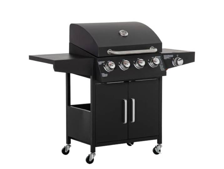 Outsunny Gasgrill BBQ mit 3 Brennern je 3 kw mobiler Grillwagen mit 4 Rädern Grillnetz Seitentischen Druckminderer Schläuche Schrank Multifunktion Metall Schwarz 132,4cm x 55cm x 109cm