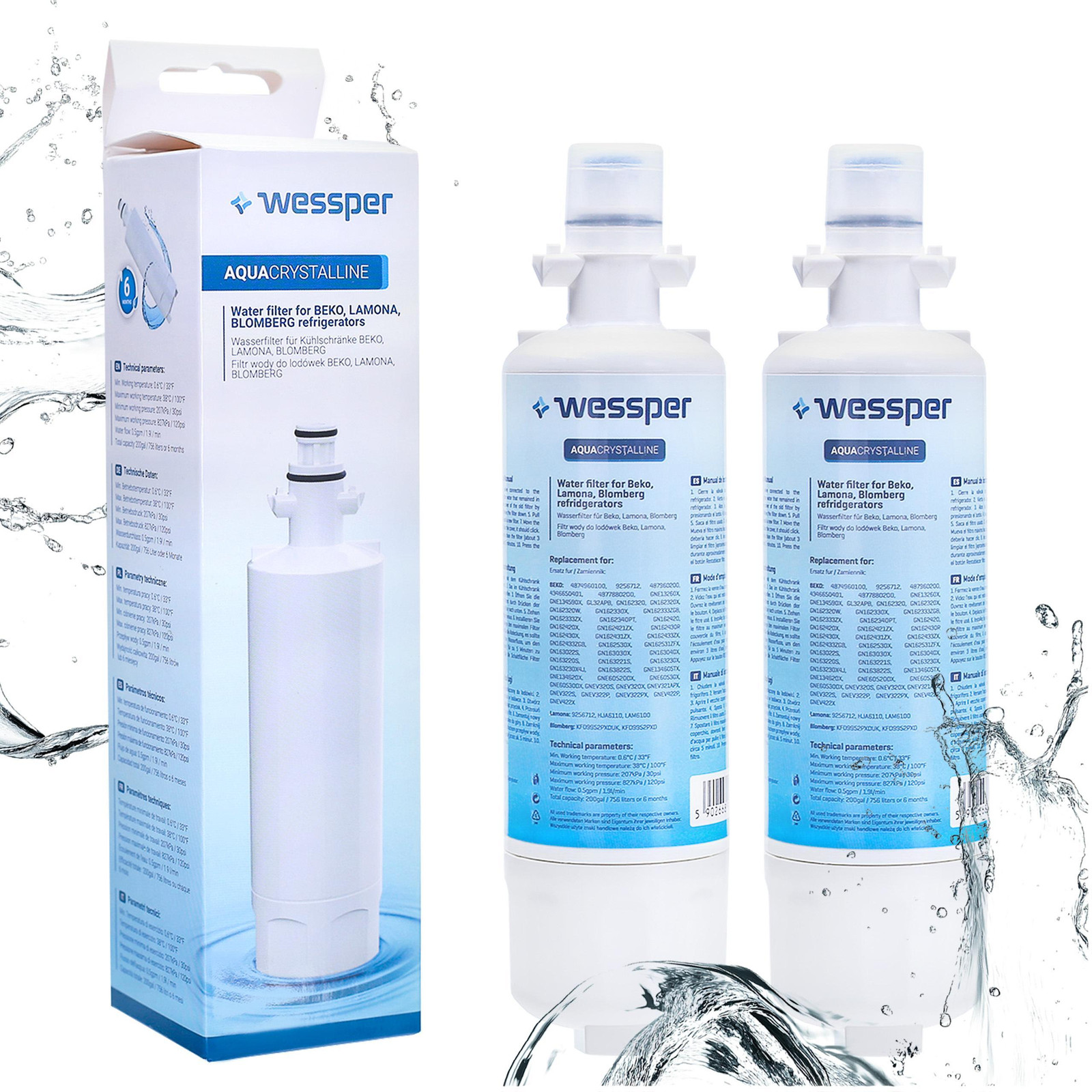 Wessper 2-voudig intern waterfilter voor koelkast compatibel met Beko, Grundig, Lamona, Küppersbusch en Blomberg vervangt model 4874960100