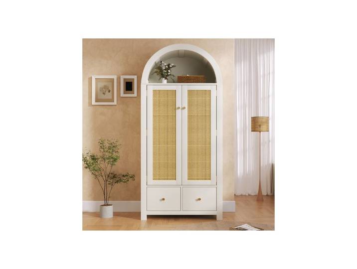 Armoire de chambre 2 portes 78x45x181 cm avec penderie étagère ouverte et 2 tiroirs en MDF et métal blanc