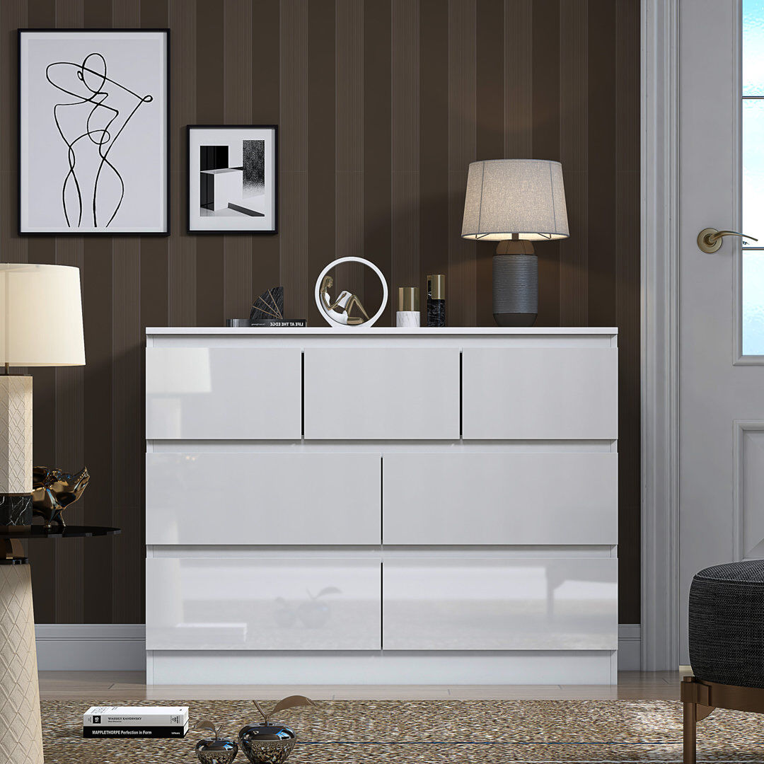 Hashtag Home Warren 7 Drawer Merchant Chest Of Drawers: 4 + 3 Configuration. Scratch Resistant. Handleless Design. 14cm Deep Drawers White Gloss 81cm H X 106cm W X 40cm D