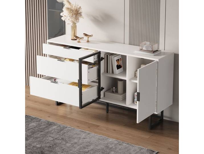 Buffet vitré 160x36x78 cm - FloraGrace avec éclairage LED réglable 3 tiroirs et rangement fermé - Blanc