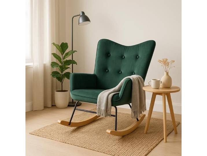 URBAN MEUBLE - Fauteuil - Style Scandinave - En velours vert - Avec pieds en bois clair