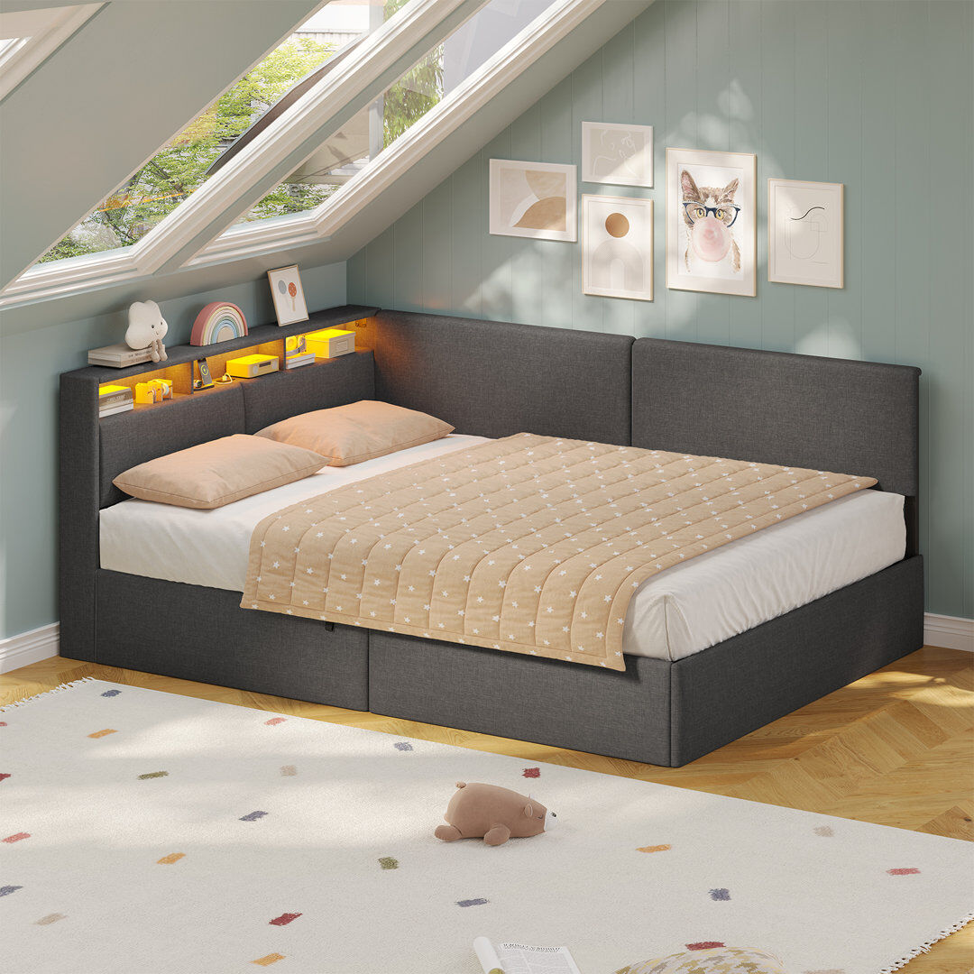 Rebrilliant Daybed with Charging Station & Hydraulic Storage, Corner Bed with LED Headboard Dark Gray Double (4'6)
