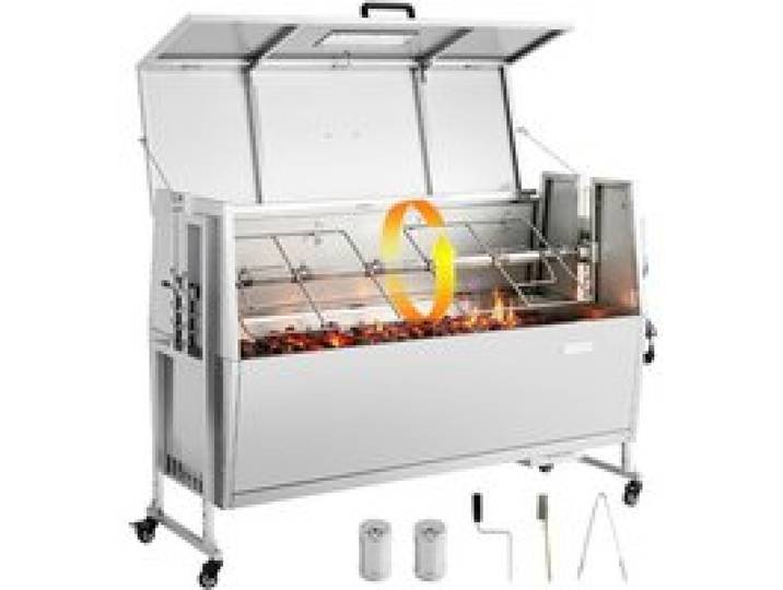VEVOR Drehspießgrill 38 W Spanferkelgrill Lammgrill Holzkohlegrill (132 cm Grilllänge) mit 60 kg Tragkraft & Rädern & 4-facher Höhenverstellung & Deckel, Edelstahl-Elektrogrill-Set für Camping